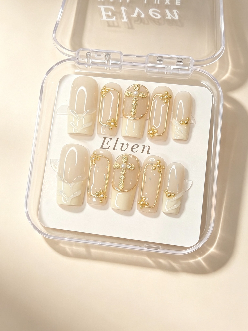 Cream Nude White French Tip Press On Nails with Gold Cross Charms Long Square